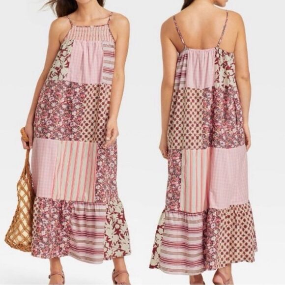 Universal Thread Pink Creme Brown Floral Striped Gingham Patchwork Maxi Dress XS - Picture 1 of 9